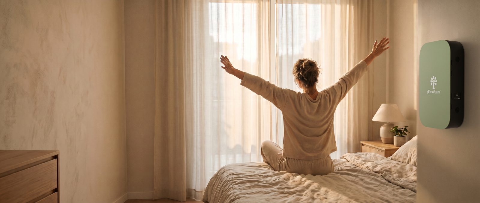 Frau streckt sich morgens im Bett, plümoBaum an der Wand