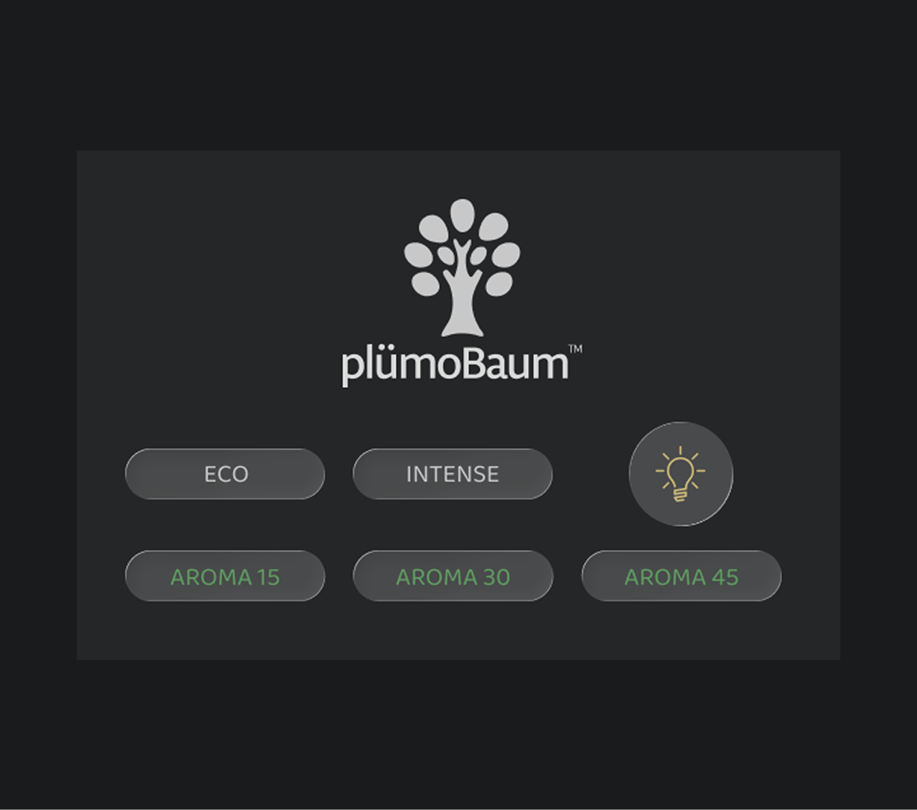 Touchpanel des plümoBaum mit den Tasten Eco, Intense, Licht sowie Aroma 15, 30 und 45